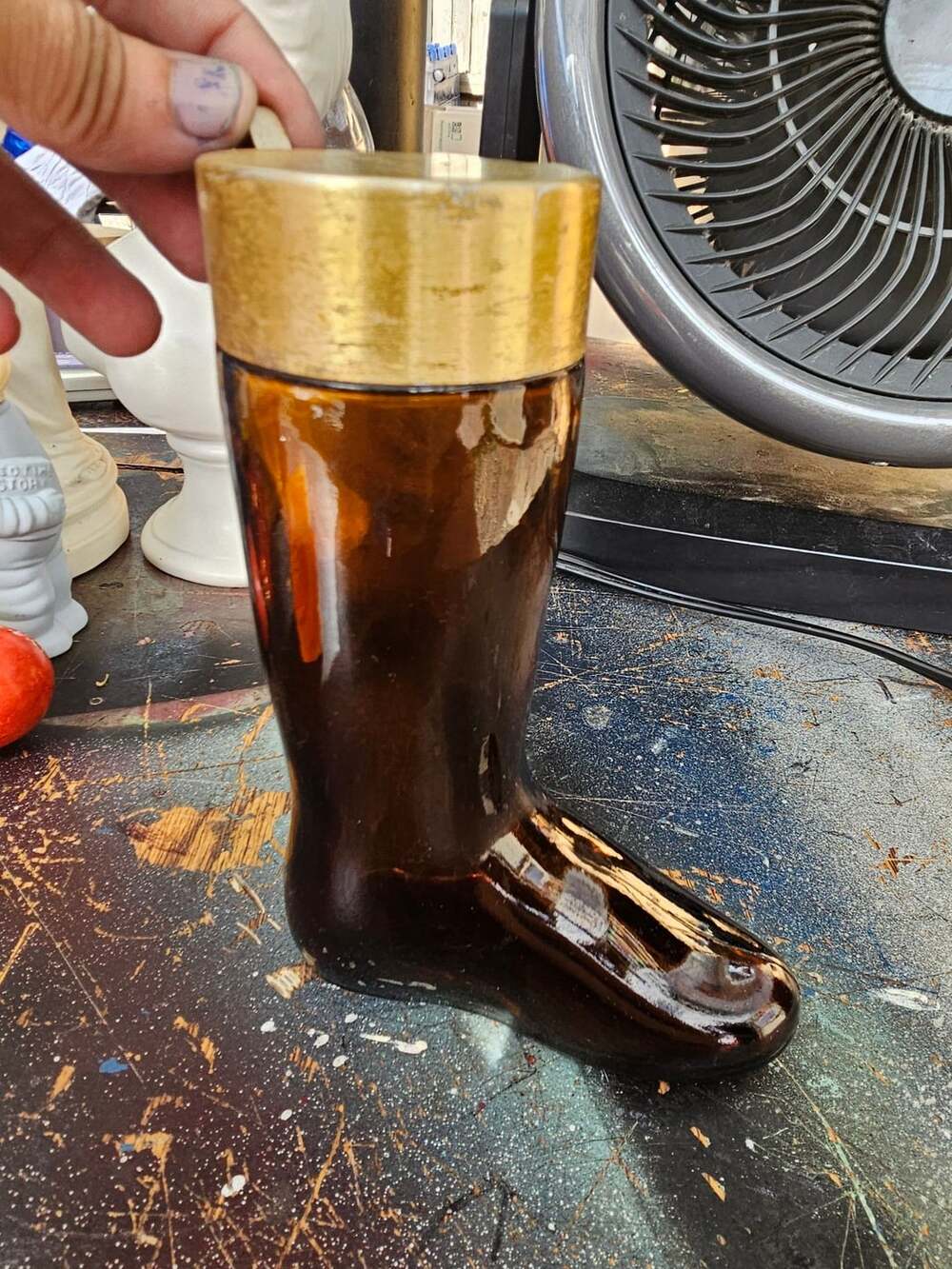 Vintage Avon Brown Glass Boot English Leather Cologne Bottle with Gold Metal Lid